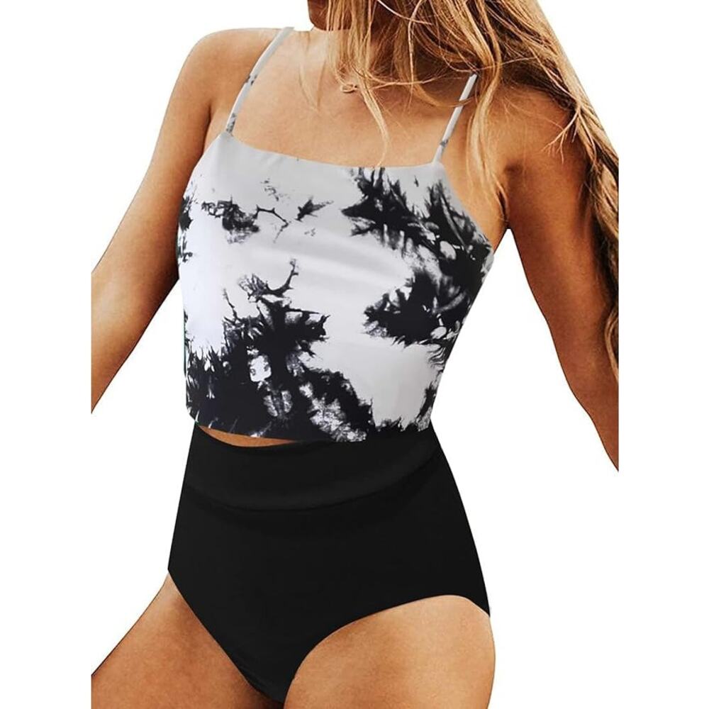 Avanova High Waisted, Tie Dye Tie Back Swimsuit Bikini Set Tie Dye Black, XS
